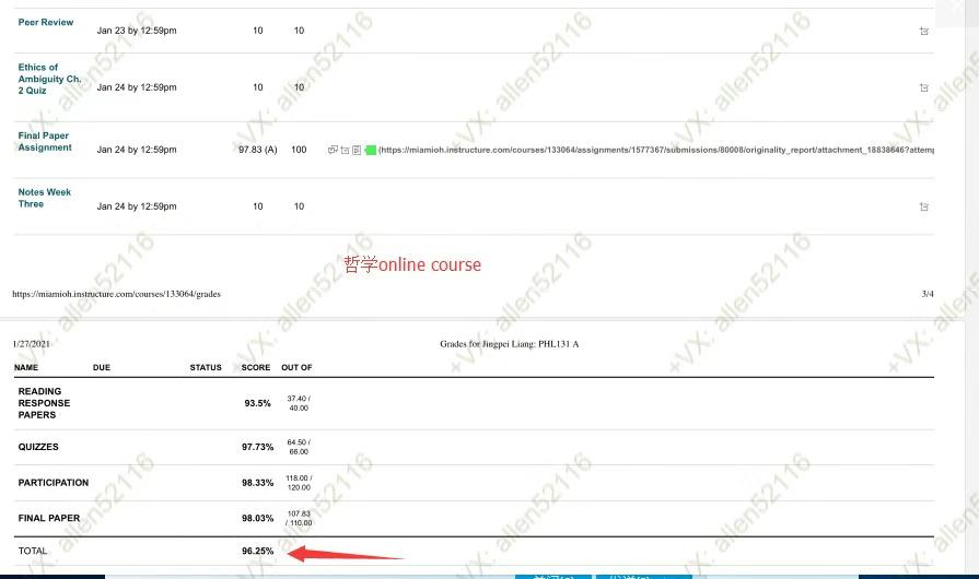 哲学网课代修案例，成绩：96.25%